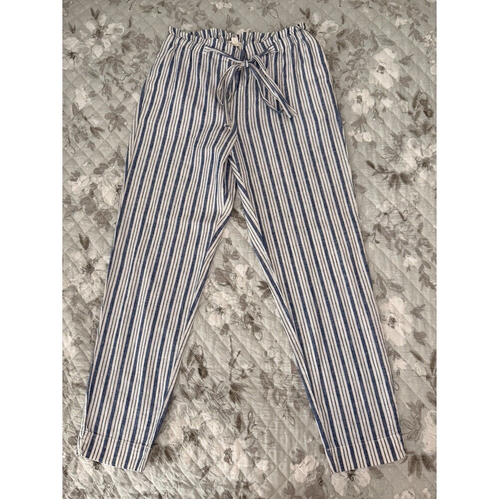 Beachlunchlounge Linen Blend Stripe Jogger Pants Blue White Coastal Cottage Med